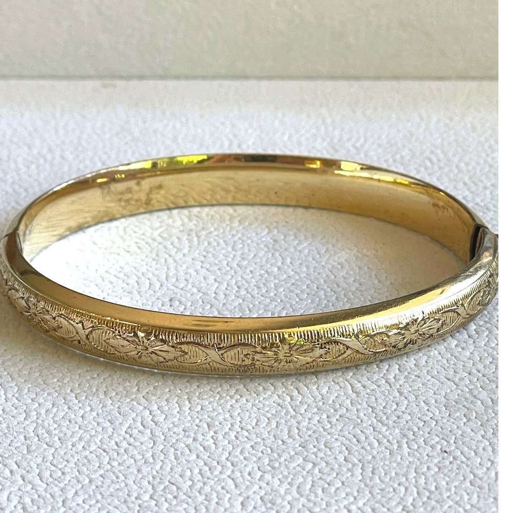 Vintage MARATHON 12K Gold Filled GF Engraved Floral Hinged Bangle Bracelet